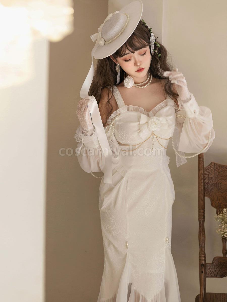 Chinese Style Lolita Hat Bows?Pearls Accessory Woven Cotton Linen White Lolita Accessories