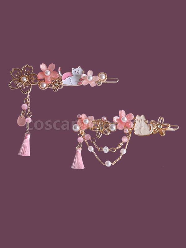 Wa Lolita Headdress Pink Sakura Pattern?Cat Metal Headwear Flowers?Pearls Lolita Hair Accessories