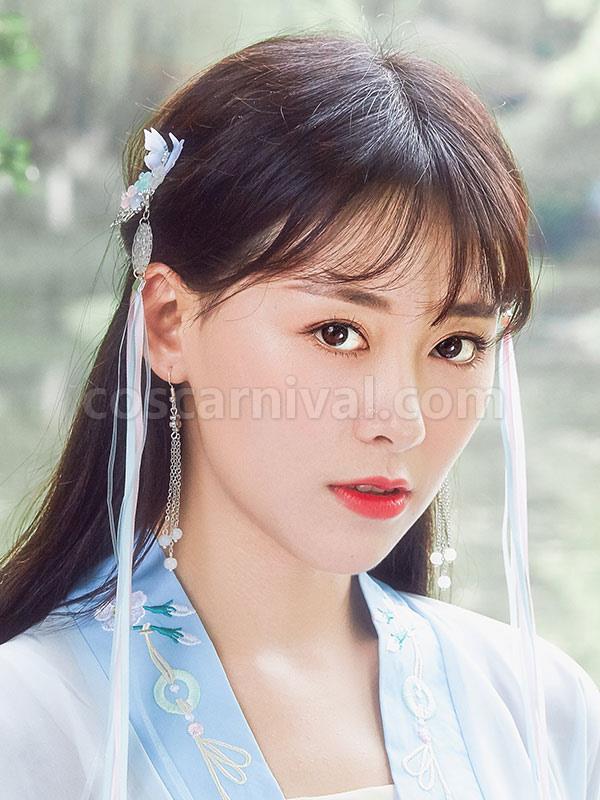 Chinese Style Lolita Hair Pin Blue Butterfly Flowers Ribbons Han Lolita Headwear