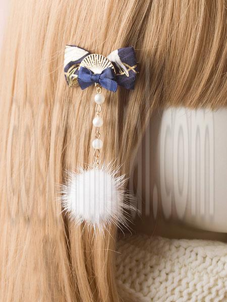 Kimono Lolita Hairpin Pom Pom Pearl Bow Fan Blue Lolita Hair Accessory