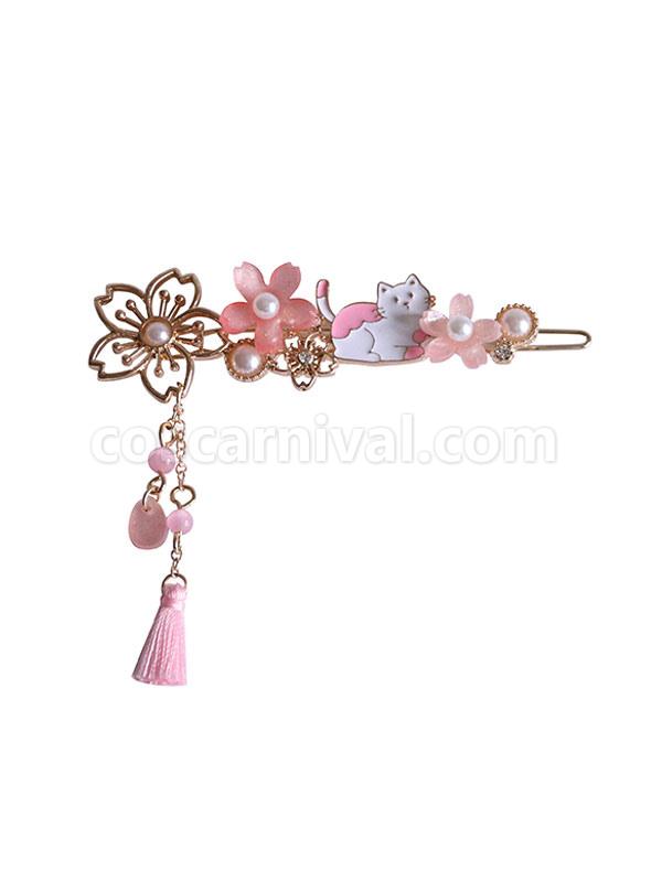 Wa Lolita Headdress Pink Sakura Pattern?Cat Metal Headwear Flowers?Pearls Lolita Hair Accessories