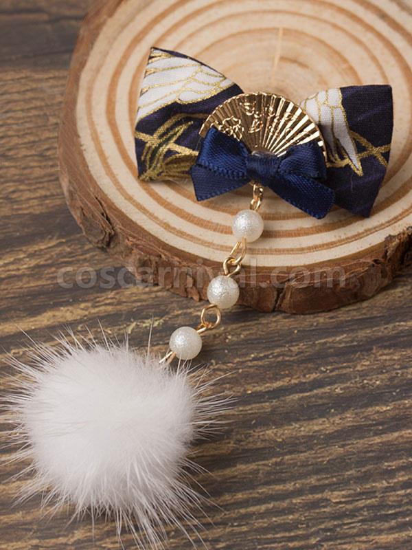 Kimono Lolita Hairpin Pom Pom Pearl Bow Fan Blue Lolita Hair Accessory