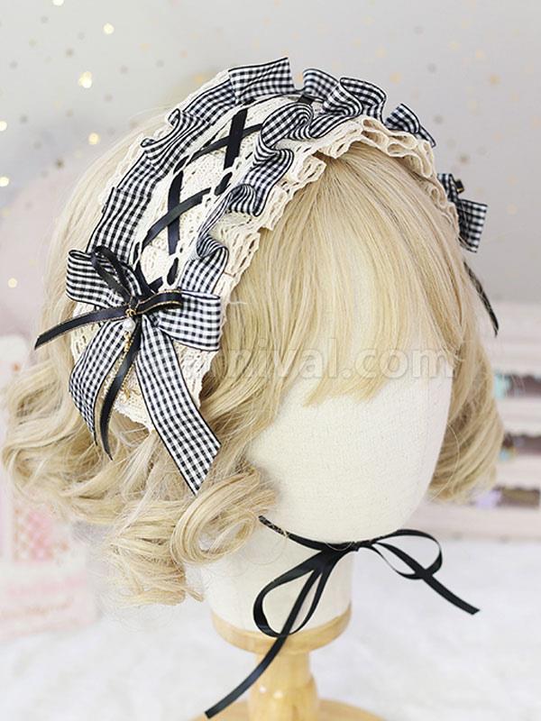 Sweet Lolita Headdress Black Lace?Bows Plaid Headband