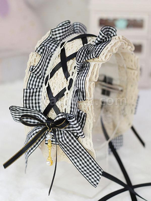 Sweet Lolita Headdress Black Lace?Bows Plaid Headband