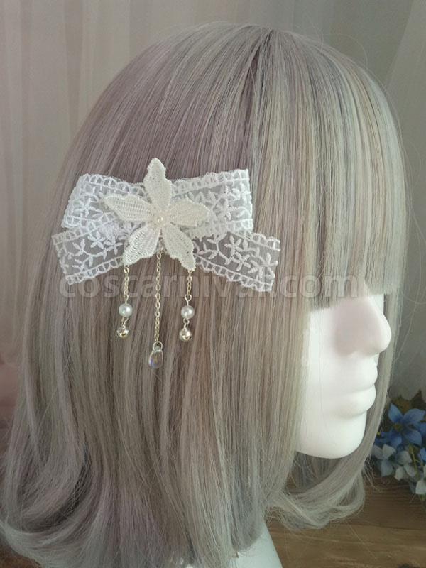 Sweet Lolita Hair Clip Floral Lace Pearl Embroidered Ecru White Lolita Hair Accessory coscarnival
