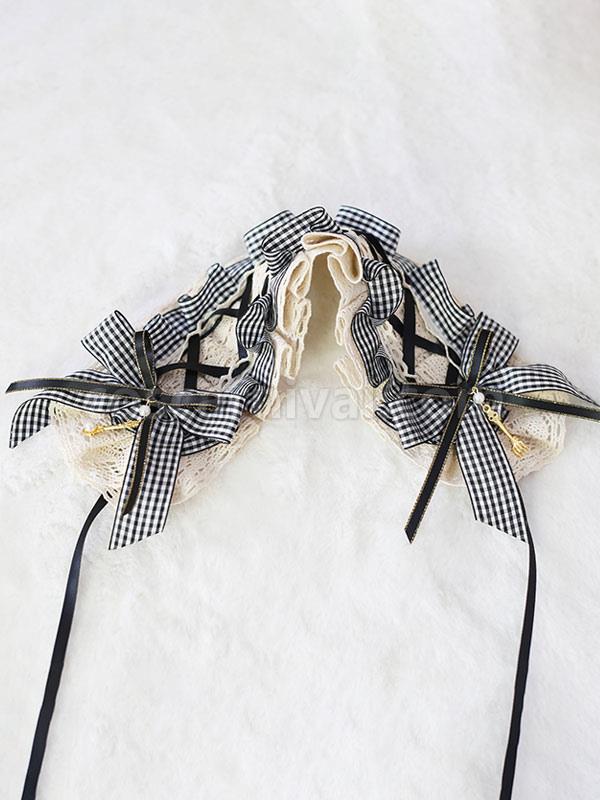 Sweet Lolita Headdress Black Lace?Bows Plaid Headband