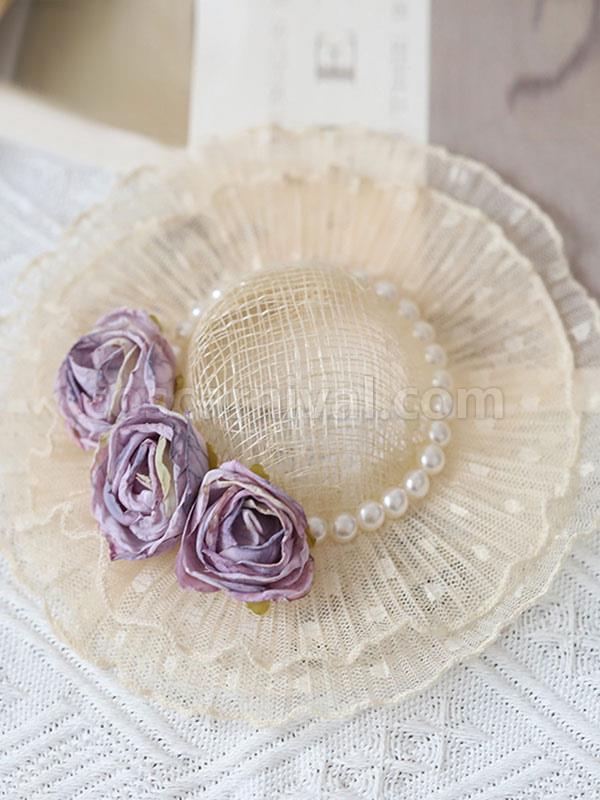 Sweet Lolita Hat Fuchsia Pink Pearls?Flowers Accessory Polyester Lolita Accessories