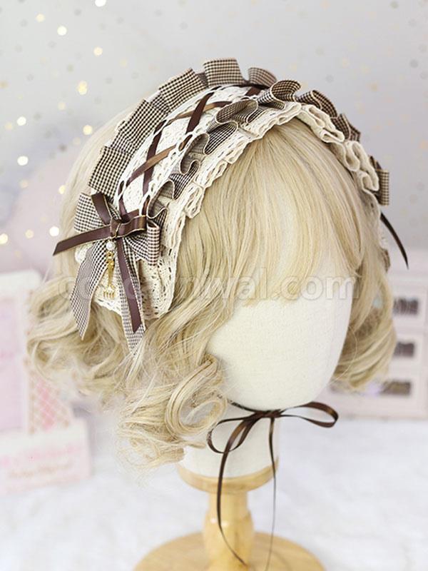 Sweet Lolita Headdress Black Lace?Bows Plaid Headband