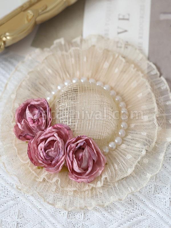 Sweet Lolita Hat Fuchsia Pink Pearls?Flowers Accessory Polyester Lolita Accessories