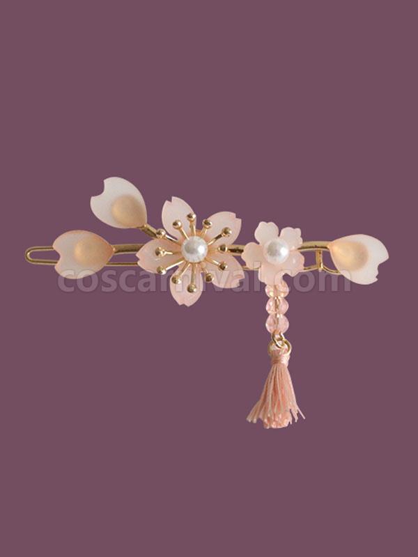 Wa Lolita Headdress Pink Sakura Pattern Metal Headwear Flowers?Fringe?Pearls Lolita Headband