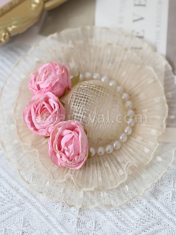 Sweet Lolita Hat Fuchsia Pink Pearls?Flowers Accessory Polyester Lolita Accessories