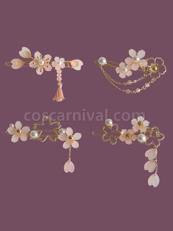 Wa Lolita Headdress Pink Sakura Pattern Metal Headwear Flowers?Fringe?Pearls Lolita Headband