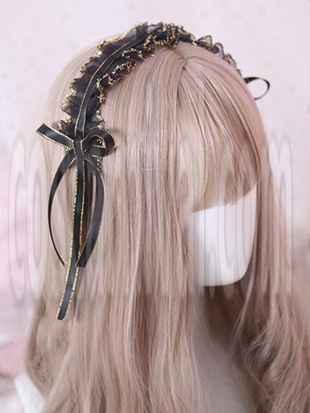 Classic Lolita Headdress Ruffle Lace Bow Black Lolita Hair Accessory coscarnival