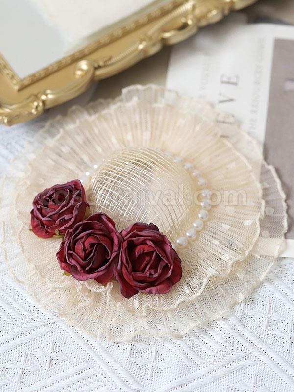 Sweet Lolita Hat Fuchsia Pink Pearls?Flowers Accessory Polyester Lolita Accessories