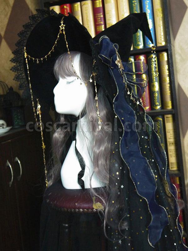 로리타 모자 리본 악세서리 활? 별 프린트 폴리에스테르 블랙 로리타 악세서리 마녀 모자 coscarnival