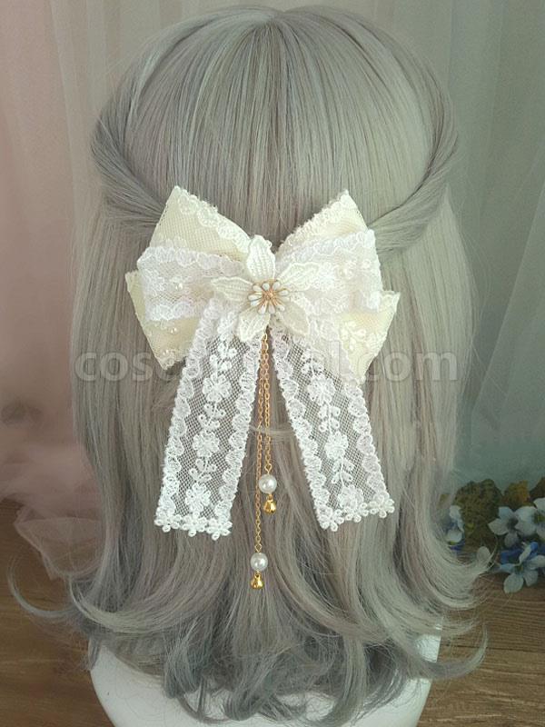 Sweet Lolita Hair Clasp Lace Bow Pearl Embroidered Ecru White Lolita Hair Accessory coscarnival
