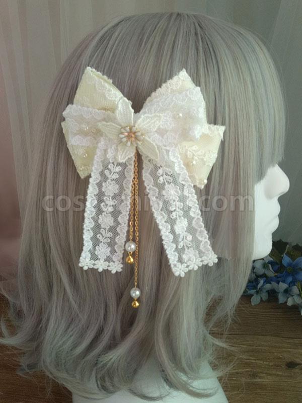 Sweet Lolita Hair Clasp Lace Bow Pearl Embroidered Ecru White Lolita Hair Accessory coscarnival