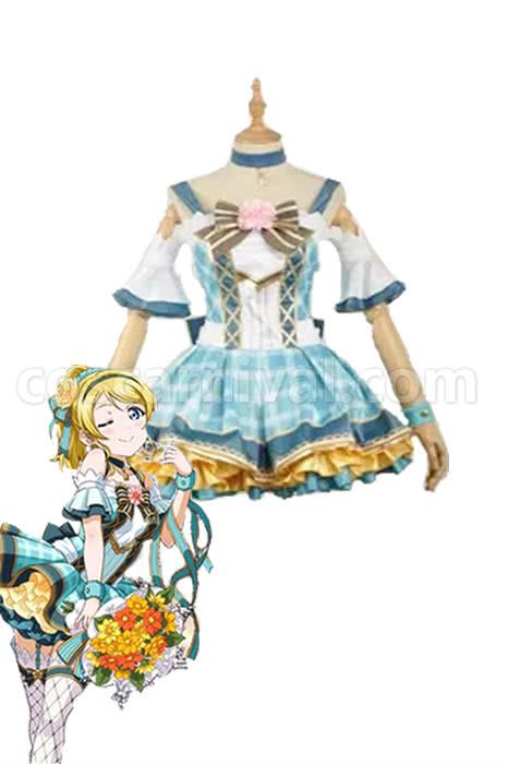 Love Live Bouquet Awaken Ayase Eli Cyan Dress Cosplay Costume, front view