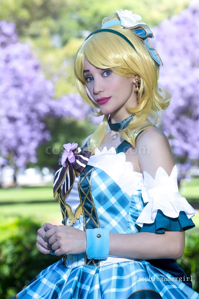 Love Live Bouquet Awaken Ayase Eli Cyan Dress Cosplay Costume, three-quarter view