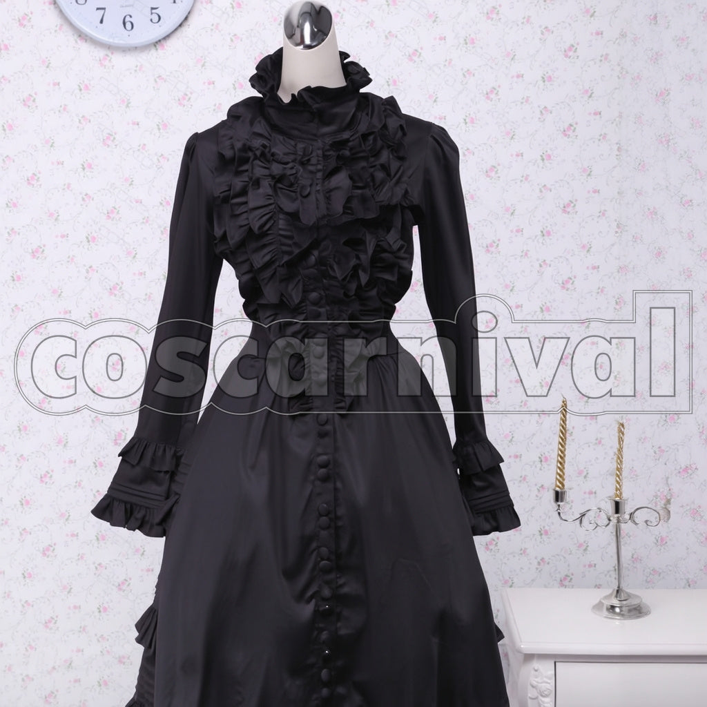 Classic Gothic Lolita Women's Black Long-Sleeve Lace-Up Ribbon Frill Dress