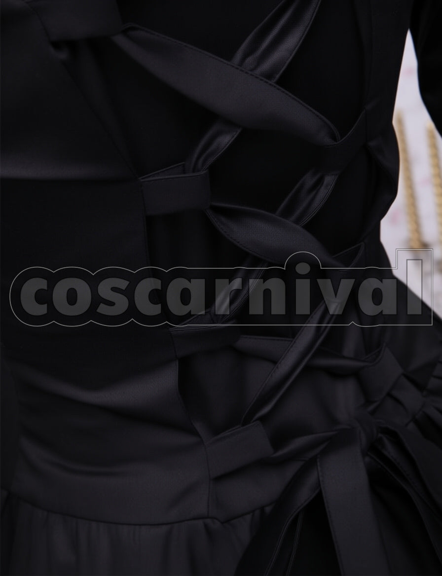 Classic Gothic Lolita Women's Black Long-Sleeve Lace-Up Ribbon Frill Dress