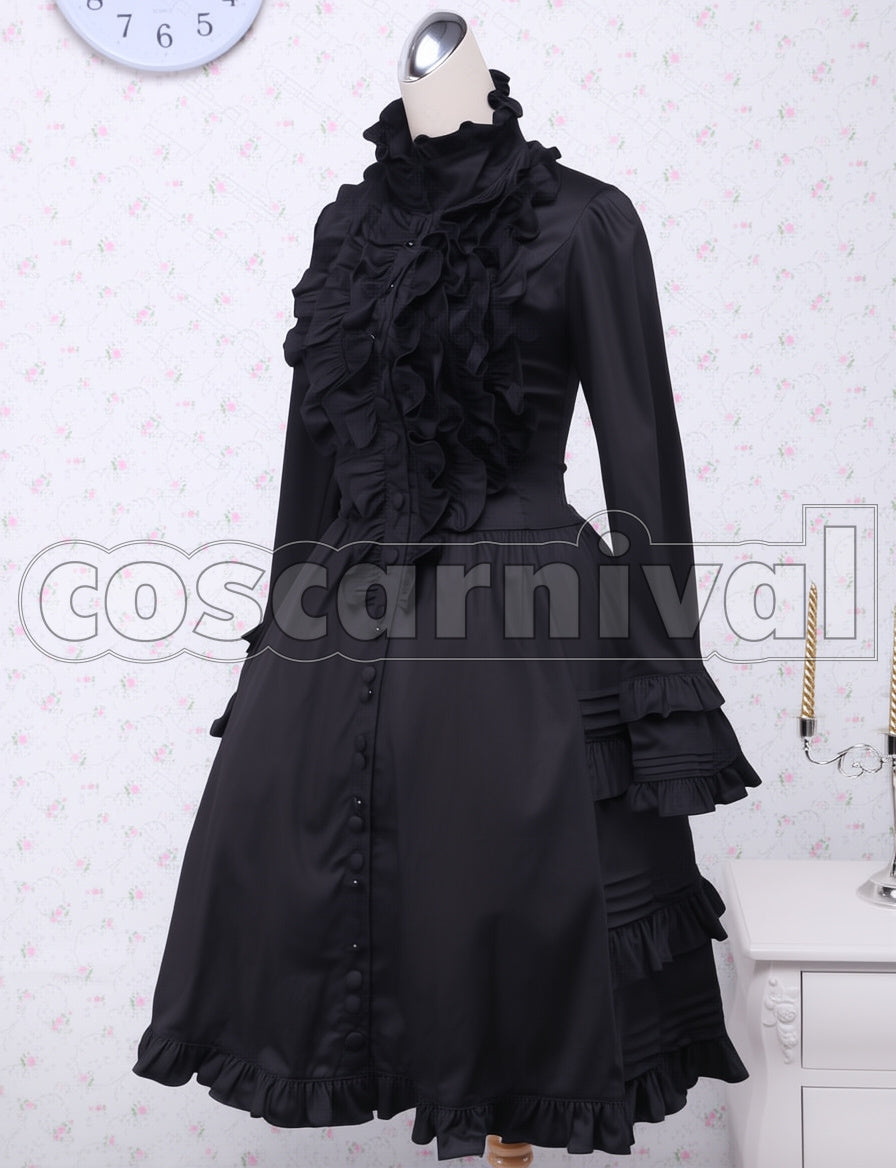 Classic Gothic Lolita Women's Black Long-Sleeve Lace-Up Ribbon Frill Dress