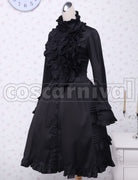 Classic Gothic Lolita Women's Black Long-Sleeve Lace-Up Ribbon Frill Dress