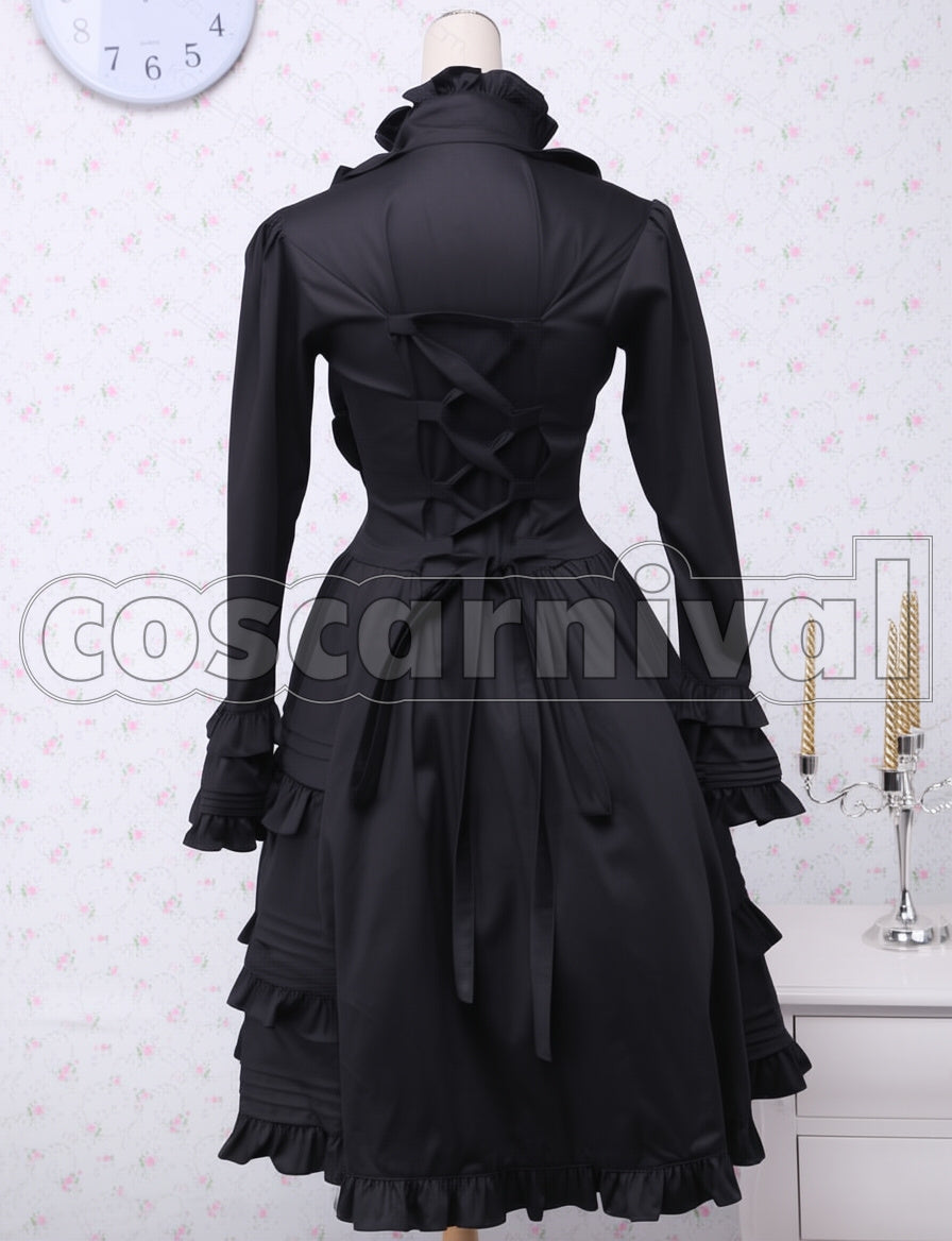 Classic Gothic Lolita Women's Black Long-Sleeve Lace-Up Ribbon Frill Dress