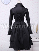 Classic Gothic Lolita Women's Black Long-Sleeve Lace-Up Ribbon Frill Dress