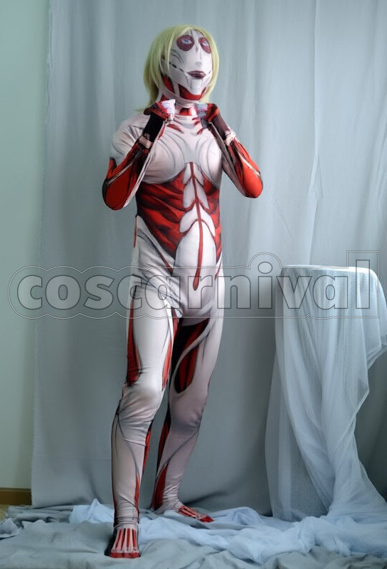 Female Titan ani Titan Form Lycra Spandex Full-Body cosplay costume from Attack on Titan, front view