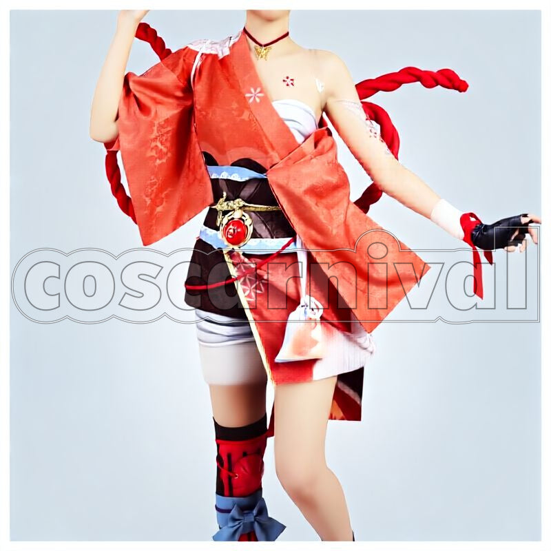 Inazuma Yoimiya Cosplay cosplay costume from Genshin Impact, front view 1