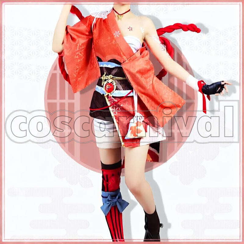 Inazuma Yoimiya Cosplay cosplay costume from Genshin Impact, front view 2