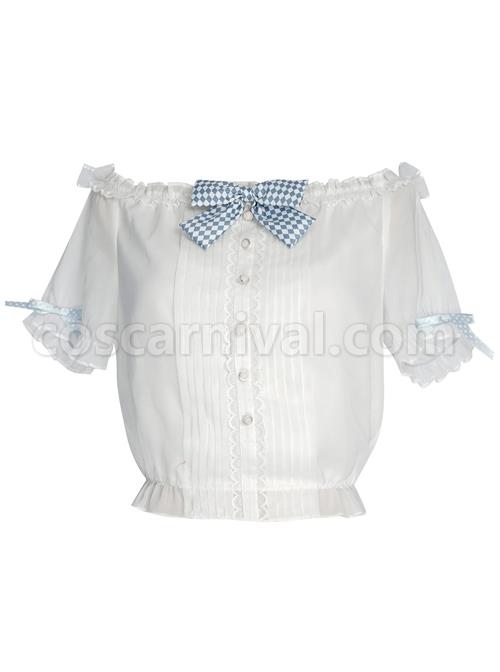 Alice Bunny Series White Off Shoulder Bowknot Sweet Lolita Short Sleeve Shirt coscarnival
