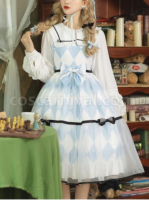 Alice-Series-OP-Blue-And-White-Diamond-Shape-Design-Pleated-Square-Neck-Bunny-Ear-Decoration-Classic-Lolita-Long-Sleeve-Dress-coscarnival-4293