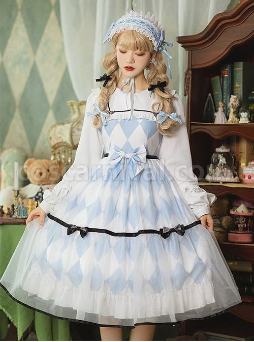 Alice-Series-OP-Blue-And-White-Diamond-Shape-Design-Pleated-Square-Neck-Bunny-Ear-Decoration-Classic-Lolita-Long-Sleeve-Dress-coscarnival-4305
