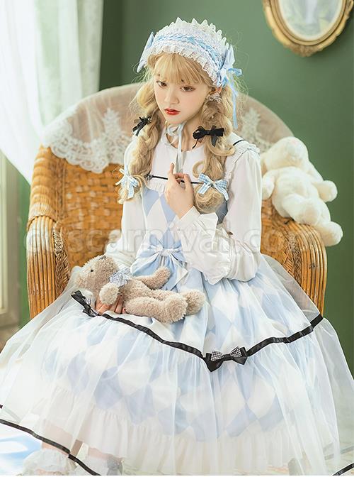 Alice-Series-OP-Blue-And-White-Diamond-Shape-Design-Pleated-Square-Neck-Bunny-Ear-Decoration-Classic-Lolita-Long-Sleeve-Dress-coscarnival-4312
