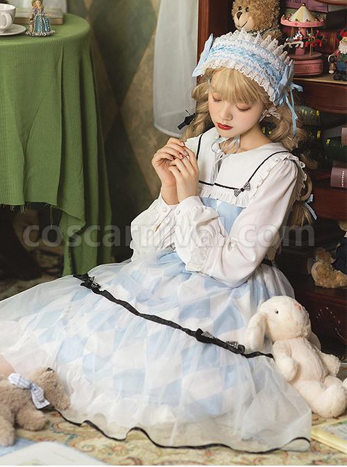 Alice-Series-OP-Blue-And-White-Diamond-Shape-Design-Pleated-Square-Neck-Bunny-Ear-Decoration-Classic-Lolita-Long-Sleeve-Dress-coscarnival-4316