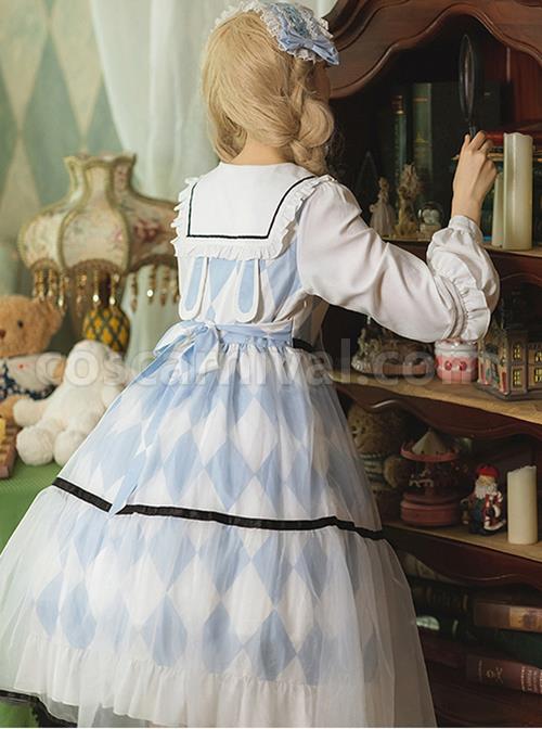 Alice-Series-OP-Blue-And-White-Diamond-Shape-Design-Pleated-Square-Neck-Bunny-Ear-Decoration-Classic-Lolita-Long-Sleeve-Dress-coscarnival-4324