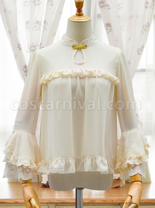 Apricot Chiffon Ruffle Chinese Style Small Stand Collar Classic Lolita Shirt coscarnival