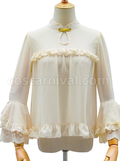 Apricot Chiffon Ruffle Chinese Style Small Stand Collar Classic Lolita Shirt coscarnival
