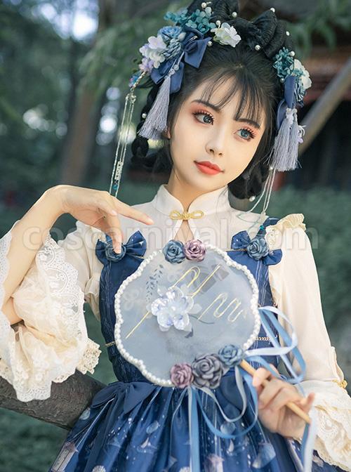 Apricot Chiffon Ruffle Chinese Style Small Stand Collar Classic Lolita Shirt coscarnival