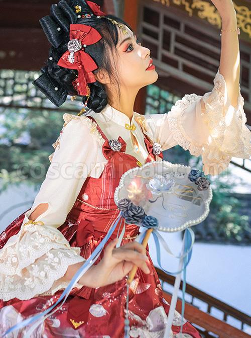 Apricot Chiffon Ruffle Chinese Style Small Stand Collar Classic Lolita Shirt coscarnival