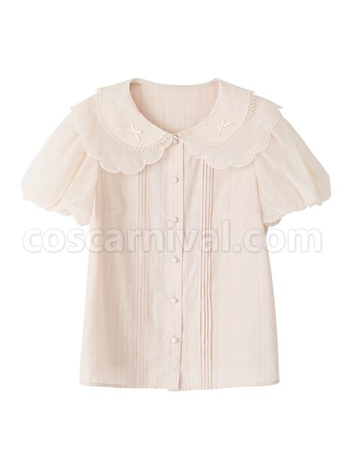 Apricot Cute Doll Neckline Bow Knot Embroidery Mesh Puff Sleeves Classic Lolita Shirt coscarnival