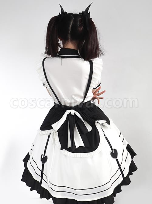 Aries Series JSK British Style Maid Outfit Black Printing Decoration Bow Knots Pleated Lace Gothic Lolita Short Sleeve Dress Set coscarnival