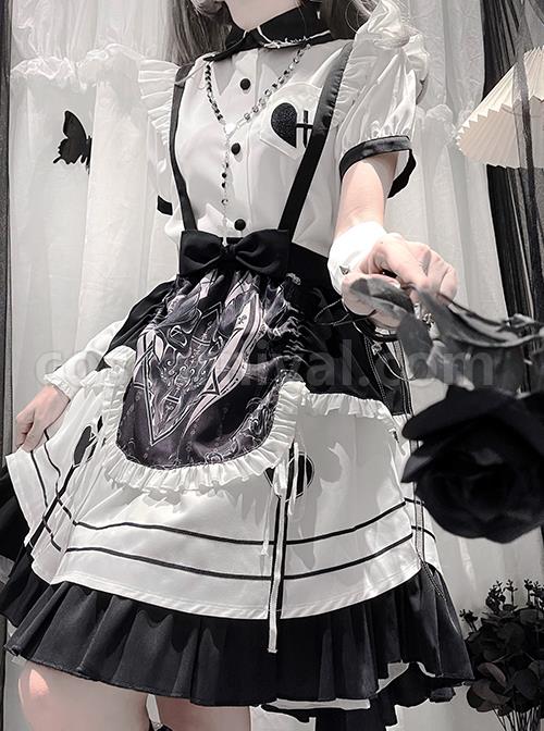Aries Series JSK British Style Maid Outfit Black Printing Decoration Bow Knots Pleated Lace Gothic Lolita Short Sleeve Dress Set coscarnival