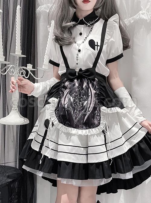 Aries Series JSK British Style Maid Outfit Black Printing Decoration Bow Knots Pleated Lace Gothic Lolita Short Sleeve Dress Set coscarnival