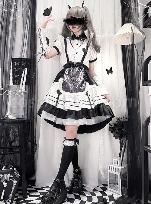 Aries Series JSK British Style Maid Outfit Black Printing Decoration Bow Knots Pleated Lace Gothic Lolita Short Sleeve Dress Set coscarnival
