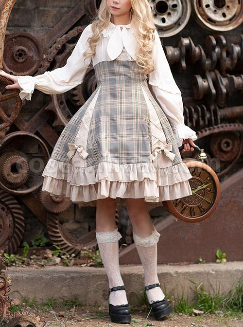 Backlight-Memories-Record-Grey-Khaki-Check-Design-Cross-Tie-Bow-Knots-Grace-Pleated-Lace-Classic-Lolita-Slip-Dress-coscarnival-3512