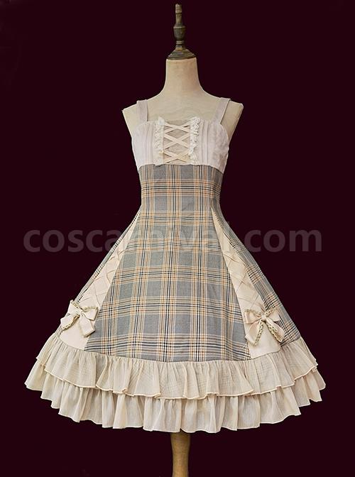 Backlight-Memories-Record-Grey-Khaki-Check-Design-Cross-Tie-Bow-Knots-Grace-Pleated-Lace-Classic-Lolita-Slip-Dress-coscarnival-3524