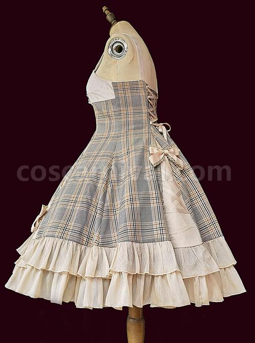 Backlight-Memories-Record-Grey-Khaki-Check-Design-Cross-Tie-Bow-Knots-Grace-Pleated-Lace-Classic-Lolita-Slip-Dress-coscarnival-3530